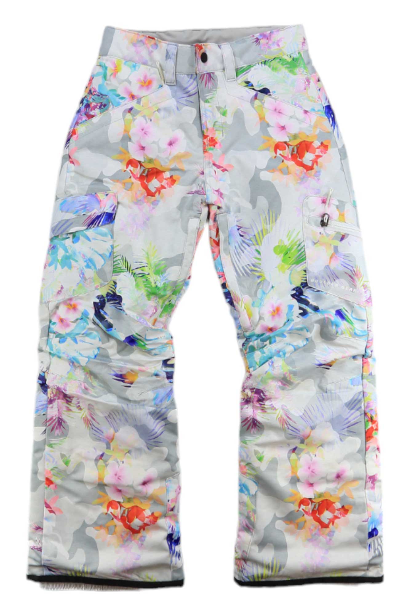 The Ravish Insulated Pants are girls’ ski pants with a vibrant floral print in pink, orange, purple, and blue on light gray. They feature side pockets and a button closure—perfect for stylish comfort on the slopes.