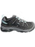 Waterproof hiking shoe, black upper with light blue laces and cushioned collar