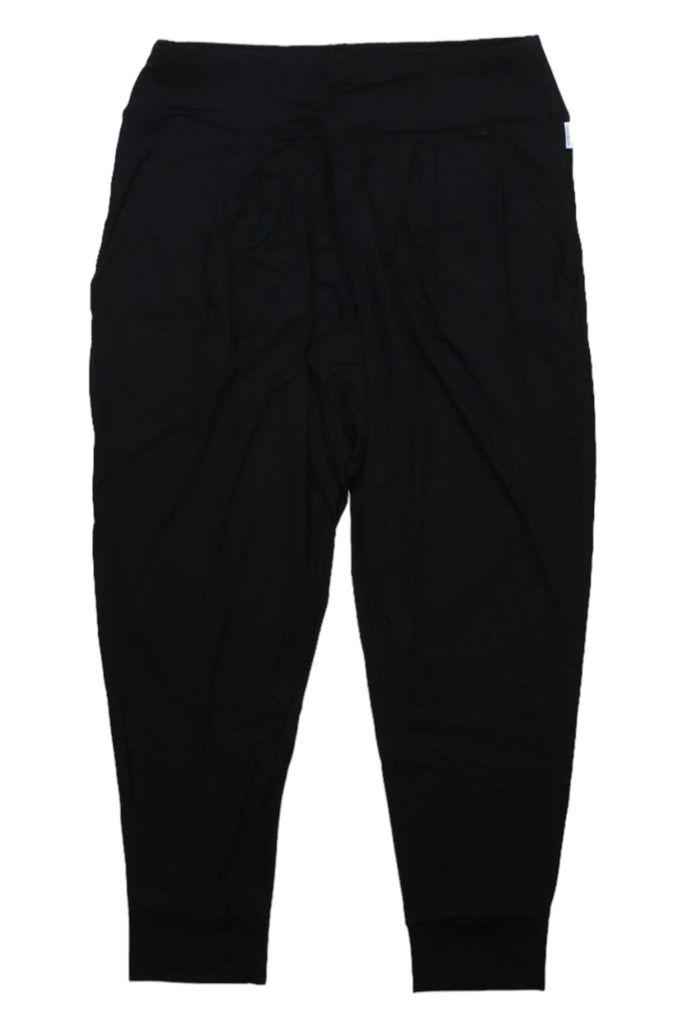 A Boody Women's Downtime Lounge Pant in black, made from soft bamboo viscose with a relaxed tapered leg and elastic waistband, is shown laid flat on a white background.