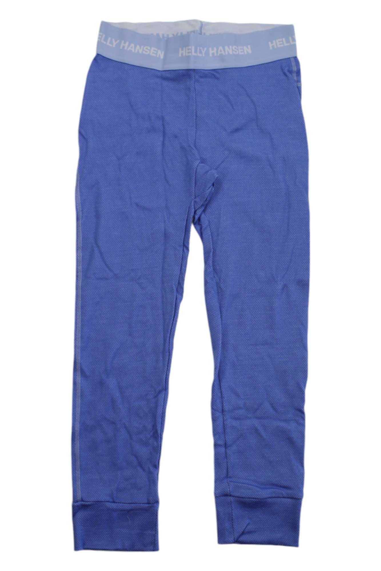 The Helly Hansen Womens Lifa Merino Midweight 3/4 Pant is shown in blue with an elastic waistband bearing the brand name in white, featuring LIFA Stay Warm tech; the slightly wrinkled pants are laid flat on a white background.