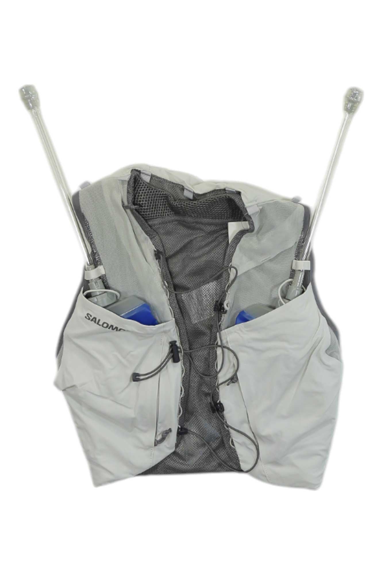 Light gray hydration vest with mesh back panel, black center, zip pockets and cord toggles