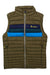 The Cotopaxi Mens Fuego Down Vest is a puffy, sleeveless olive green vest with blue, green, and navy stripes on the chest. It features water-resistant down, a front zipper, zippered side pockets, and a yellow Cotopaxi logo on the left chest.