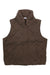 The Carve Designs Womens Betty Vest is a brown, sleeveless vest for women made from organic cotton, featuring a high collar and two slanted front pockets, shown laid flat on a white background.
