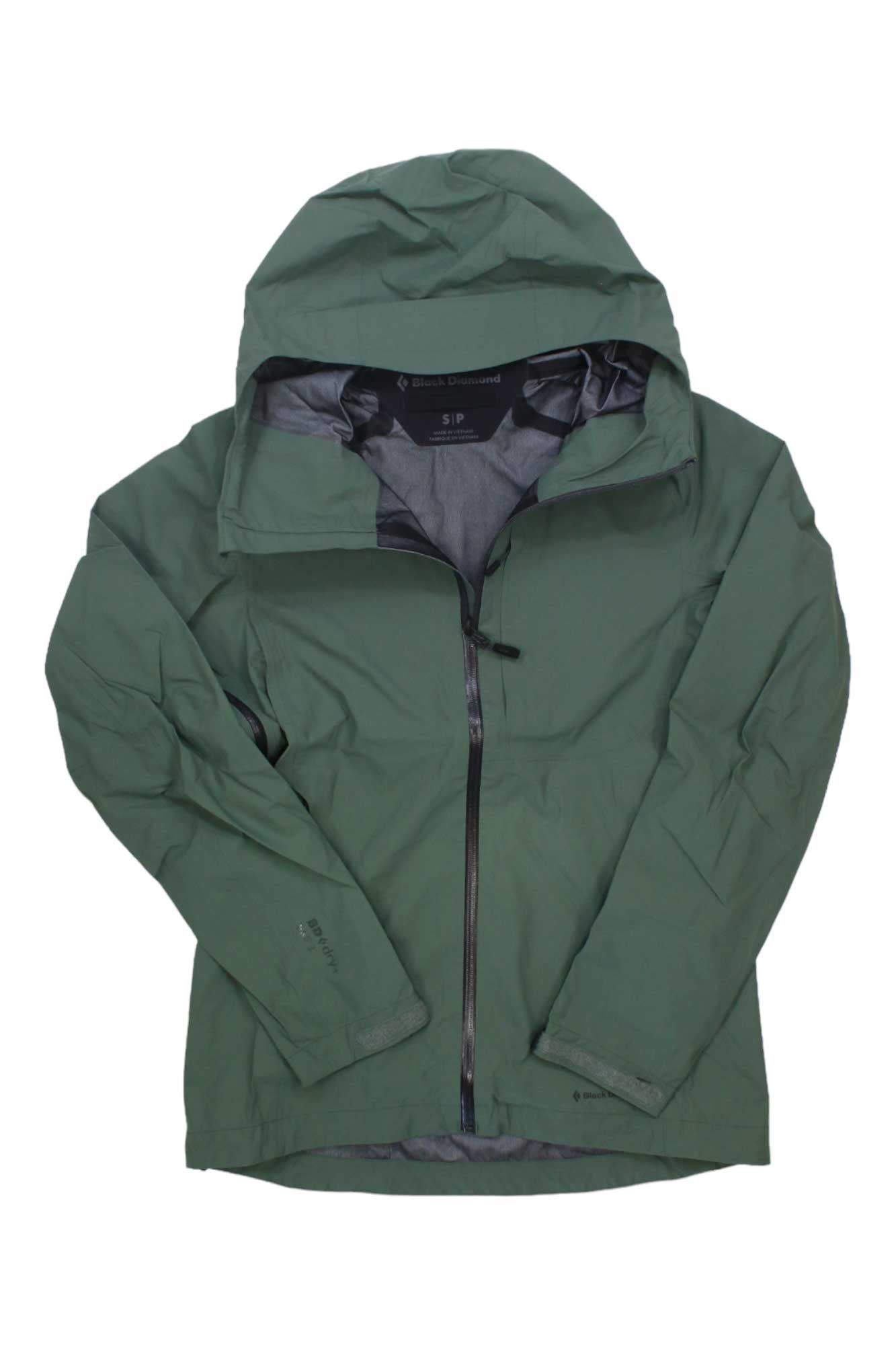 The Black Diamond Womens Highline Stretch Shell Jacket is a green, waterproof, breathable shell with a front zipper, long sleeves, high collar, and PFC-free DWR, shown against a white background.