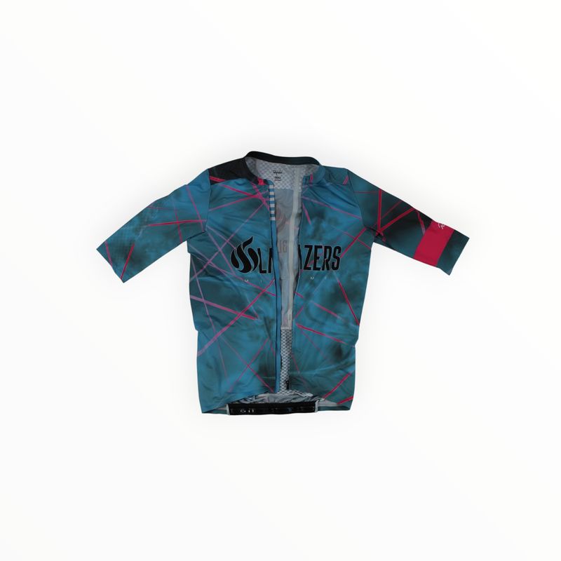 The Pro Team Aero Jersey II is a short-sleeved cycling jersey with a blue and pink geometric pattern, front zipper, and "BLAZERS" printed on the chest against a white background.