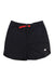 The Topo Designs Men's River 6 Inch Short is a black pair of quick-drying shorts featuring a red adjustable belt and a small white logo patch on the lower left, ideal for active days by the water.