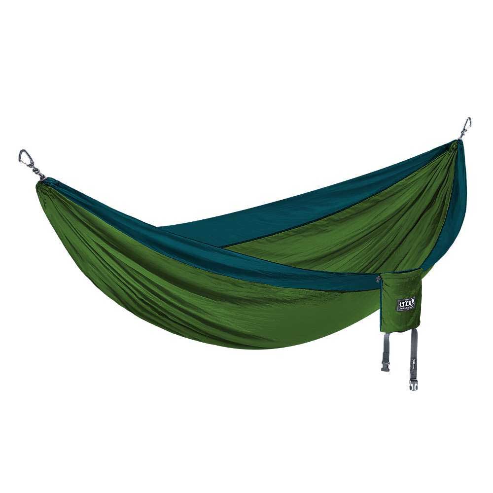DoubleNest hammock in green with teal top panel and hanging loops.