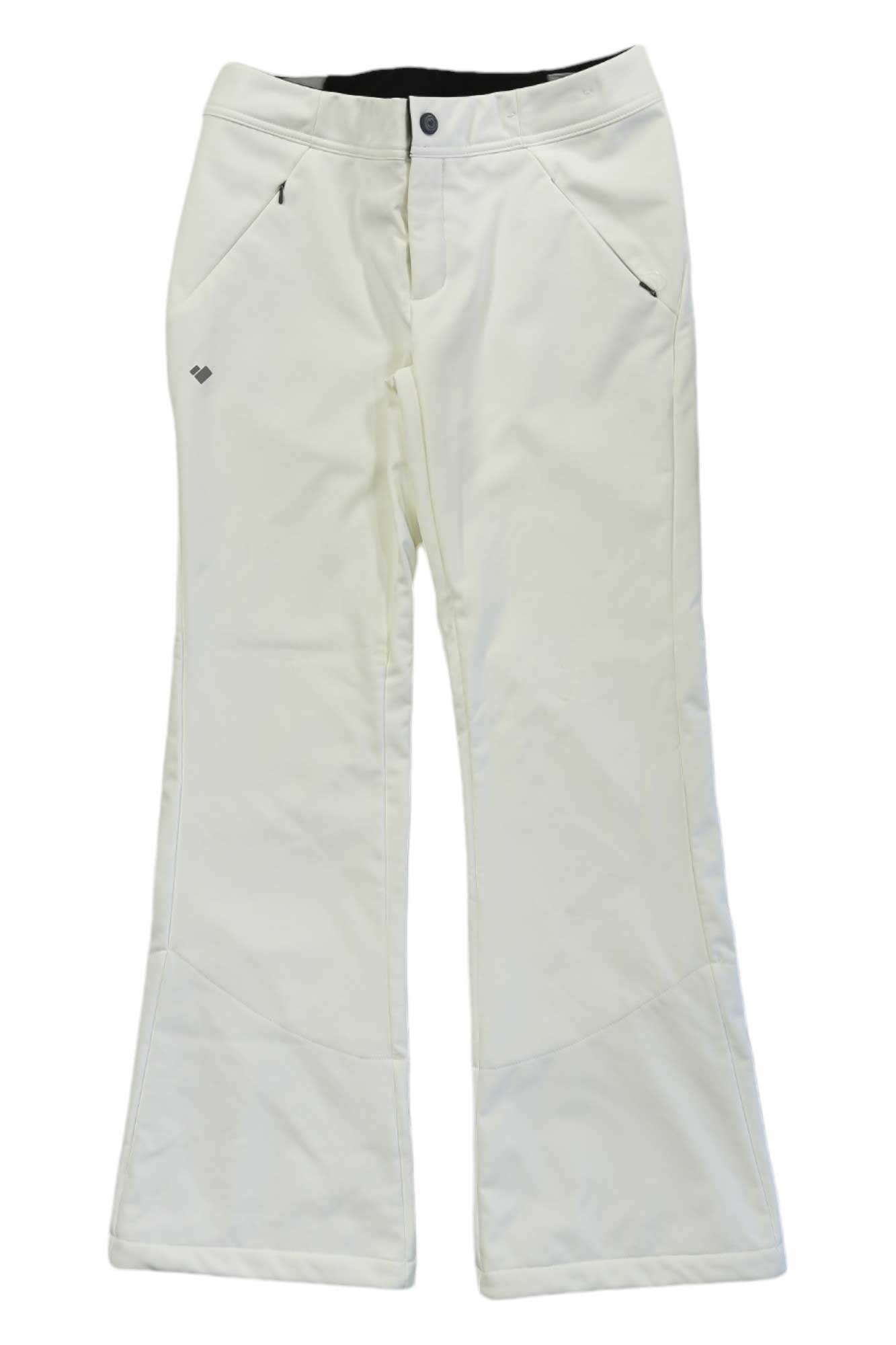 The Obermeyer Womens Hillary Stretch Pant, in white with front pockets, a slight flare, stretch fabric, and a small left thigh logo, is shown against a white background.