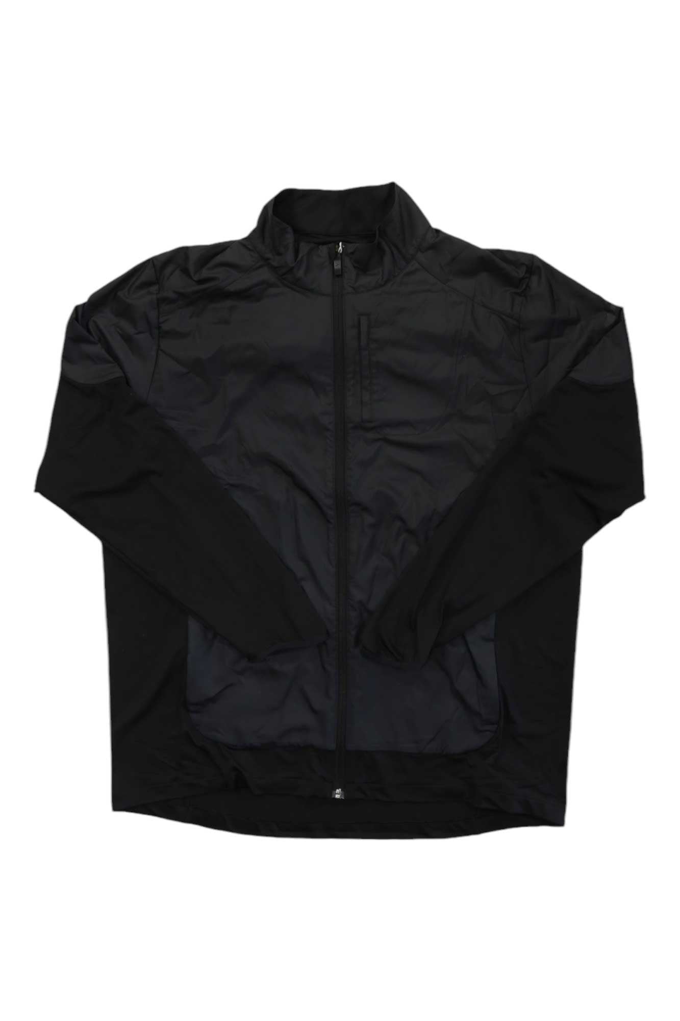 The Brooks Mens Fusion Hybrid Jacket, a black windproof running jacket with long sleeves, high collar, and chest pocket, is laid flat on a white background.