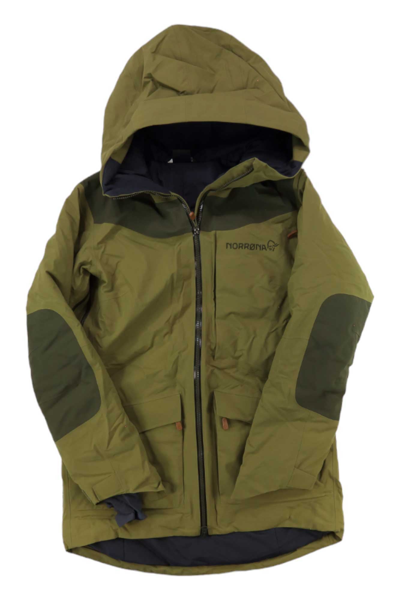 Women’s hooded insulated jacket by Norrona, olive green, full-zip front