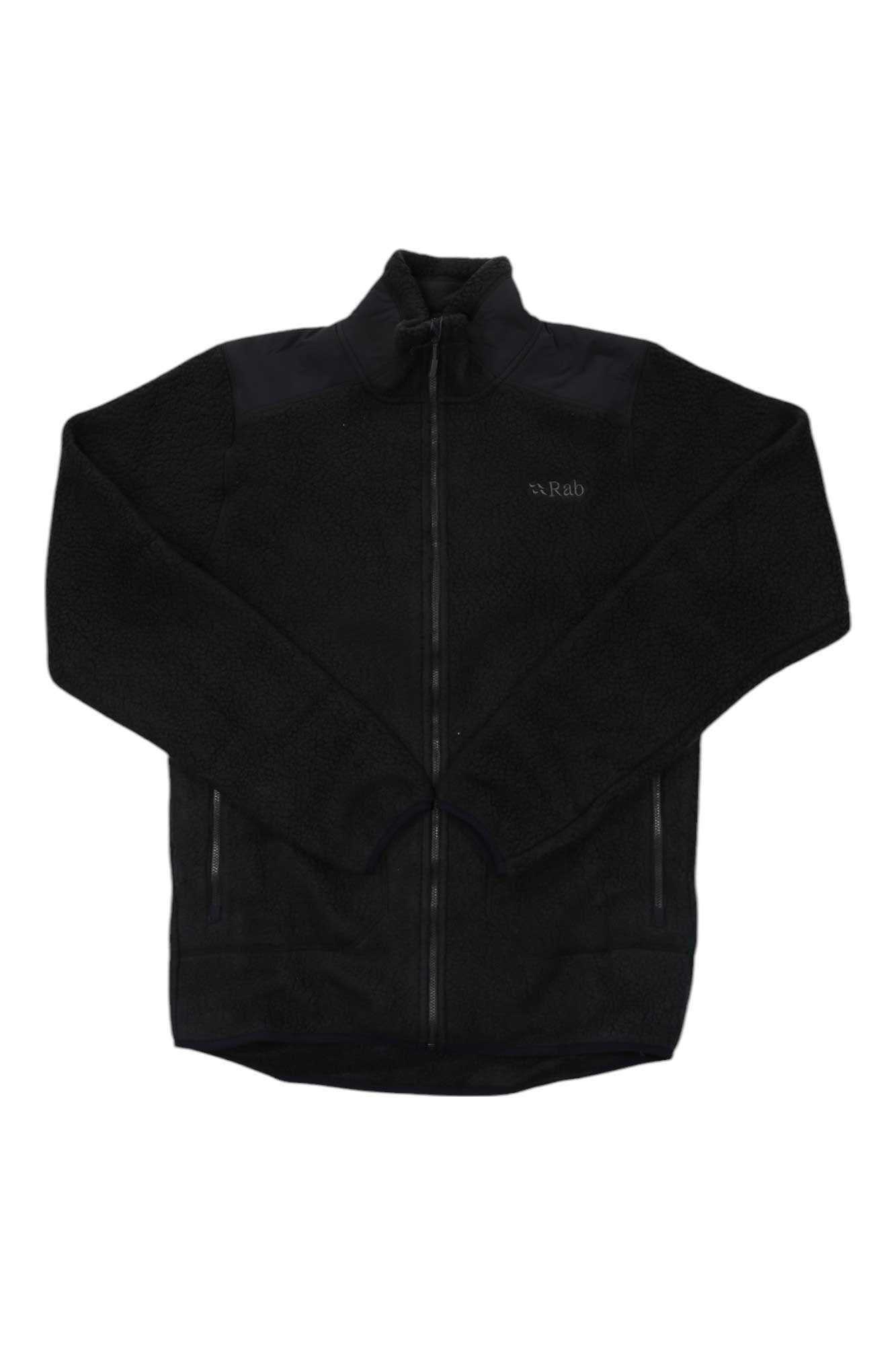 The Rab Mens Outpost Jacket is a black zip-up Polartec fleece with a high collar, two front zippered pockets, and the Rab logo on the left chest, offering reliable warmth and comfort for mountaineering.