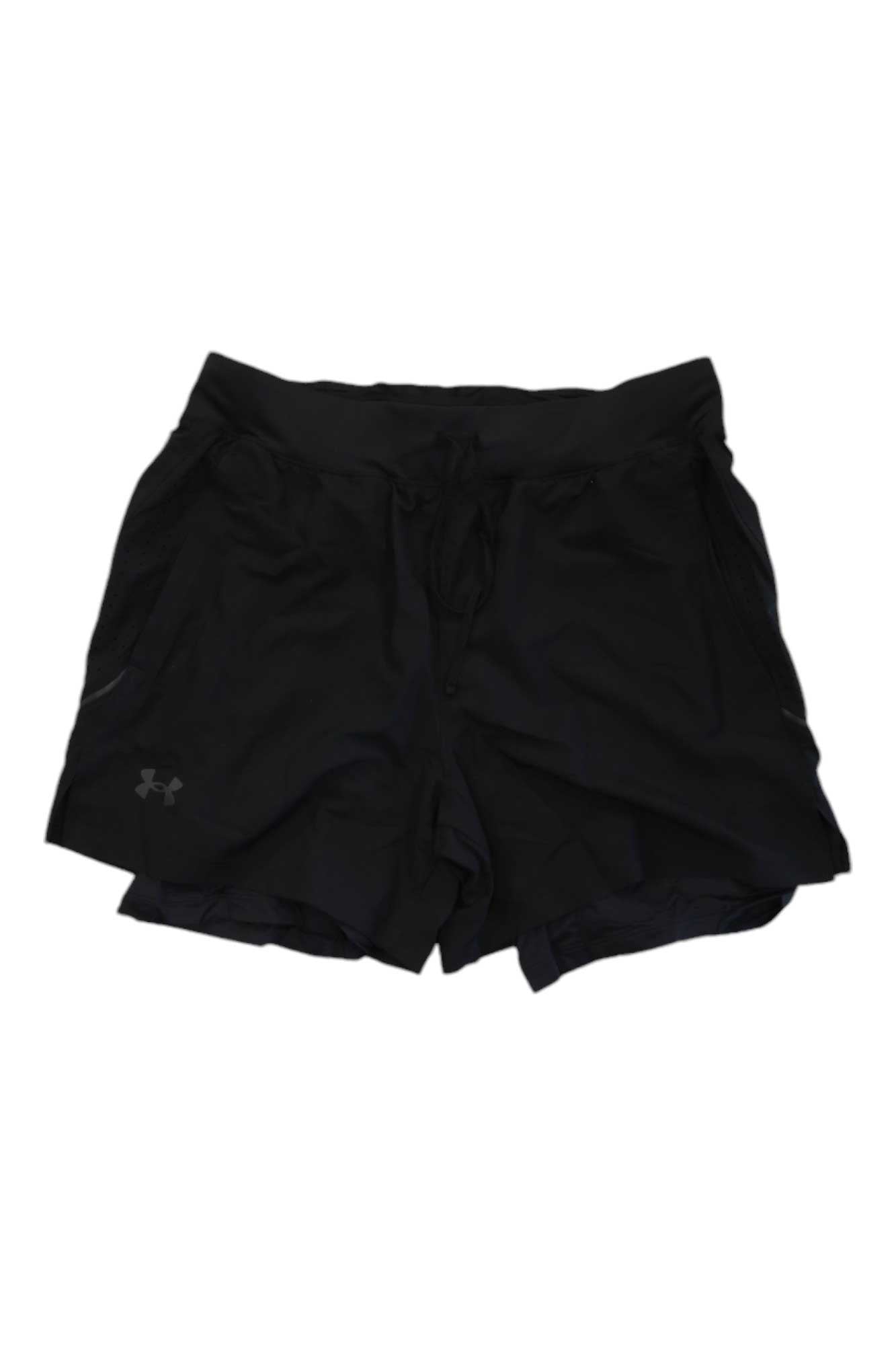 The Under Armour Men's Launch Elite 2 In 1 5 Inch Short in black features an elastic drawstring waistband, two side pockets, and moisture-wicking comfort, shown laid flat on a white background.
