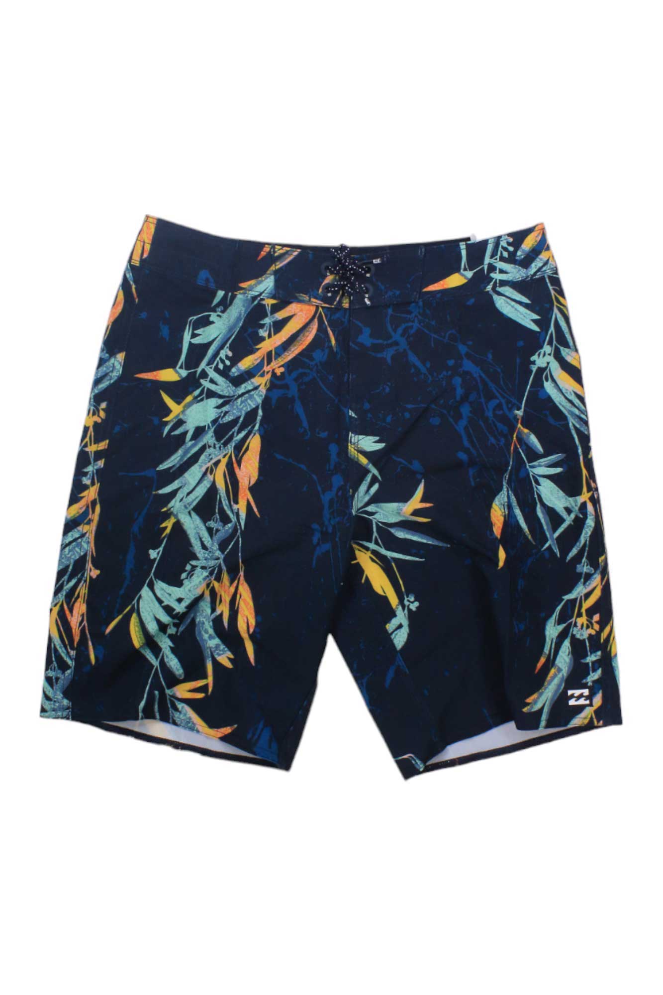 The Billabong Boys Sundays Pro Boardshort features a navy blue base with a tropical leaf print in green, yellow, and orange, plus a black drawstring waistband.