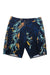 The Billabong Boys Sundays Pro Boardshort features a navy blue base with a tropical leaf print in green, yellow, and orange, plus a black drawstring waistband.