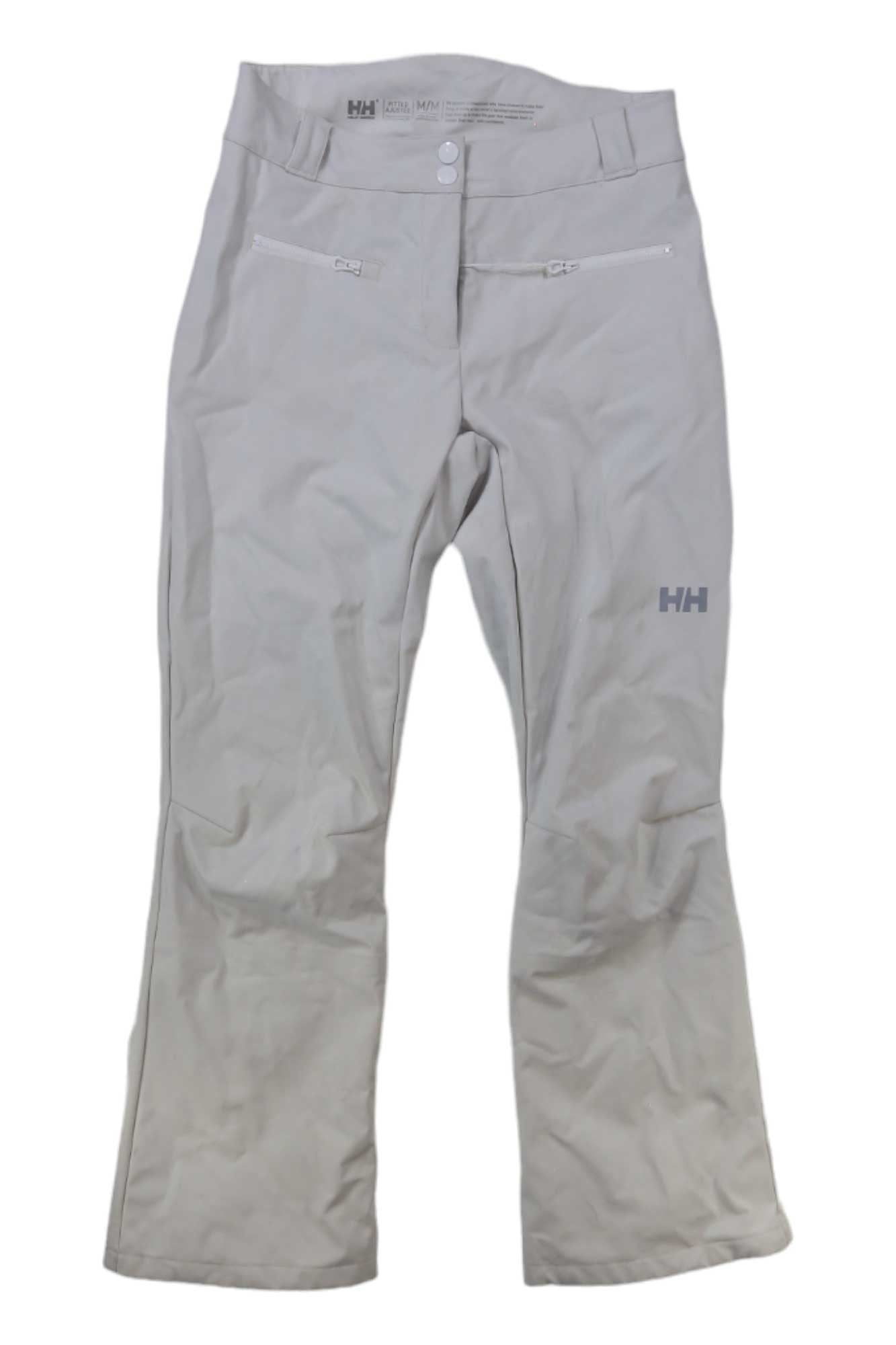 The Helly Hansen Womens Bellissimo 2 Pant in light gray offers two front zipper pockets, a button and zipper closure, a subtle logo on the upper left thigh, and a straight-leg softshell design for comfort and style.