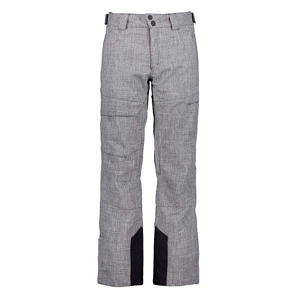 The Obermeyer Mens Orion Pants are gray straight-leg ski pants featuring black reinforced inner ankles, a button and zip closure, belt loops, and multiple front and side pockets, displayed on a plain white background.