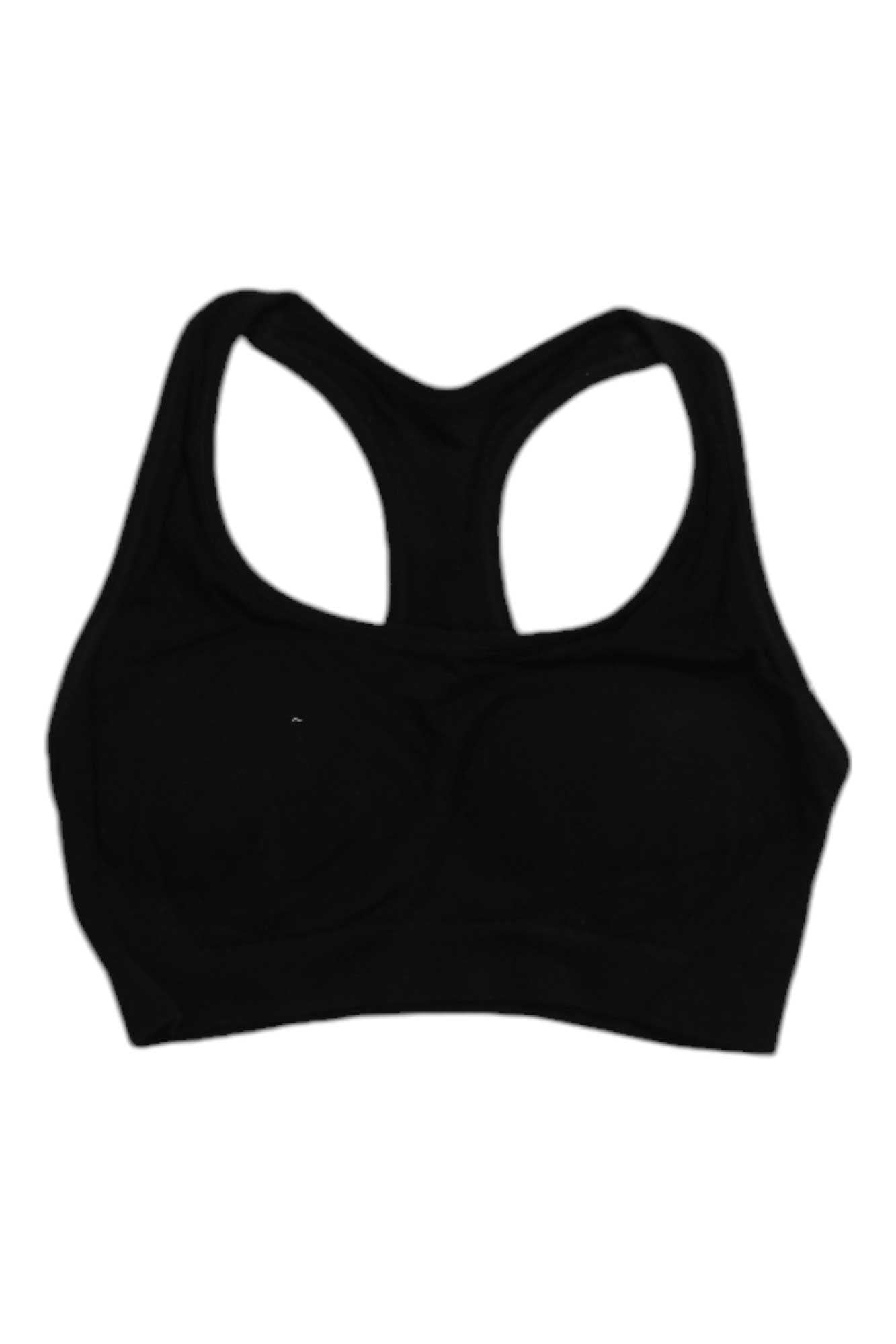 The Boody Womens Racerback Bra, shown in black on a white background, features four-way stretch and moisture-wicking properties.