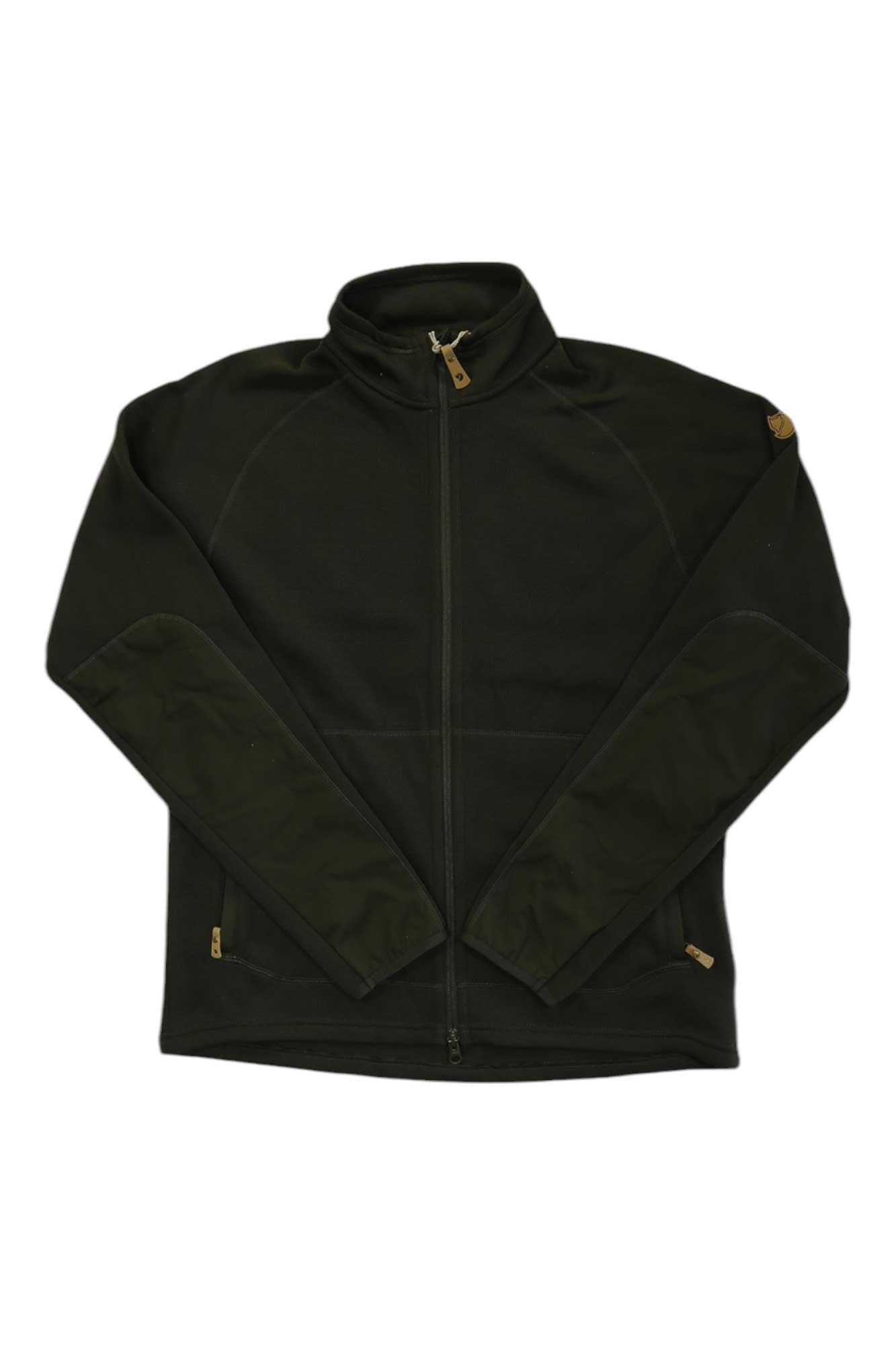 A dark green Fjallraven Mens Ovik Fleece Zip Sweater made from recycled polyester, featuring long sleeves, a high collar, and zippered pockets, is displayed flat on a white background.