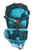 The Osprey Salida 12 Hydration Pack, featuring teal and blue geometric patterns, adjustable straps, a front bike tool attachment, and a "Hydration backpack" tag, is perfect for mountain biking and hydration on the go.