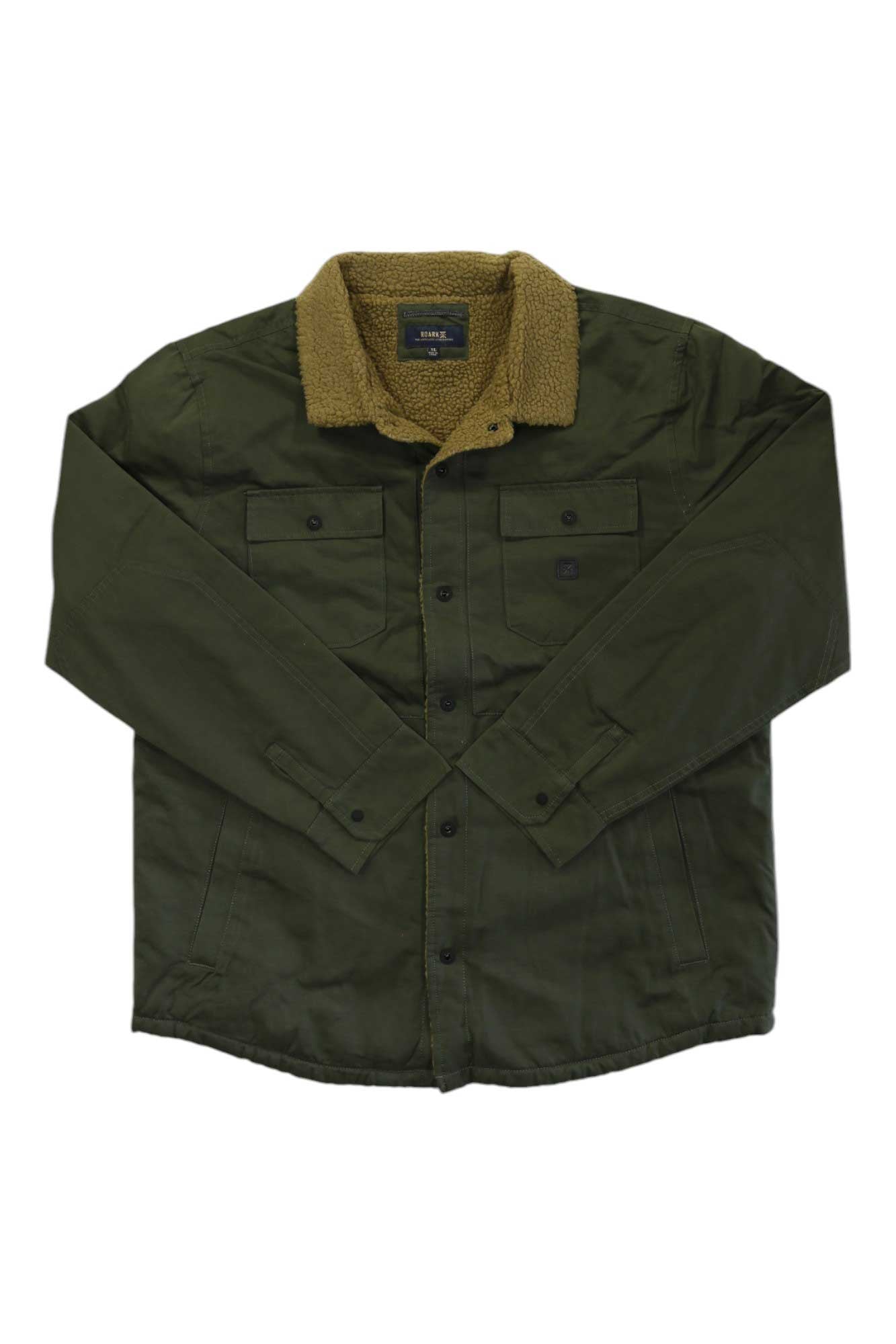 The Roark Mens Hebrides Jacket in olive green features two chest pockets, a brown sherpa collar, and long sleeves. Insulated for warmth, it's laid flat on a white background—ideal for your next outdoor adventure.