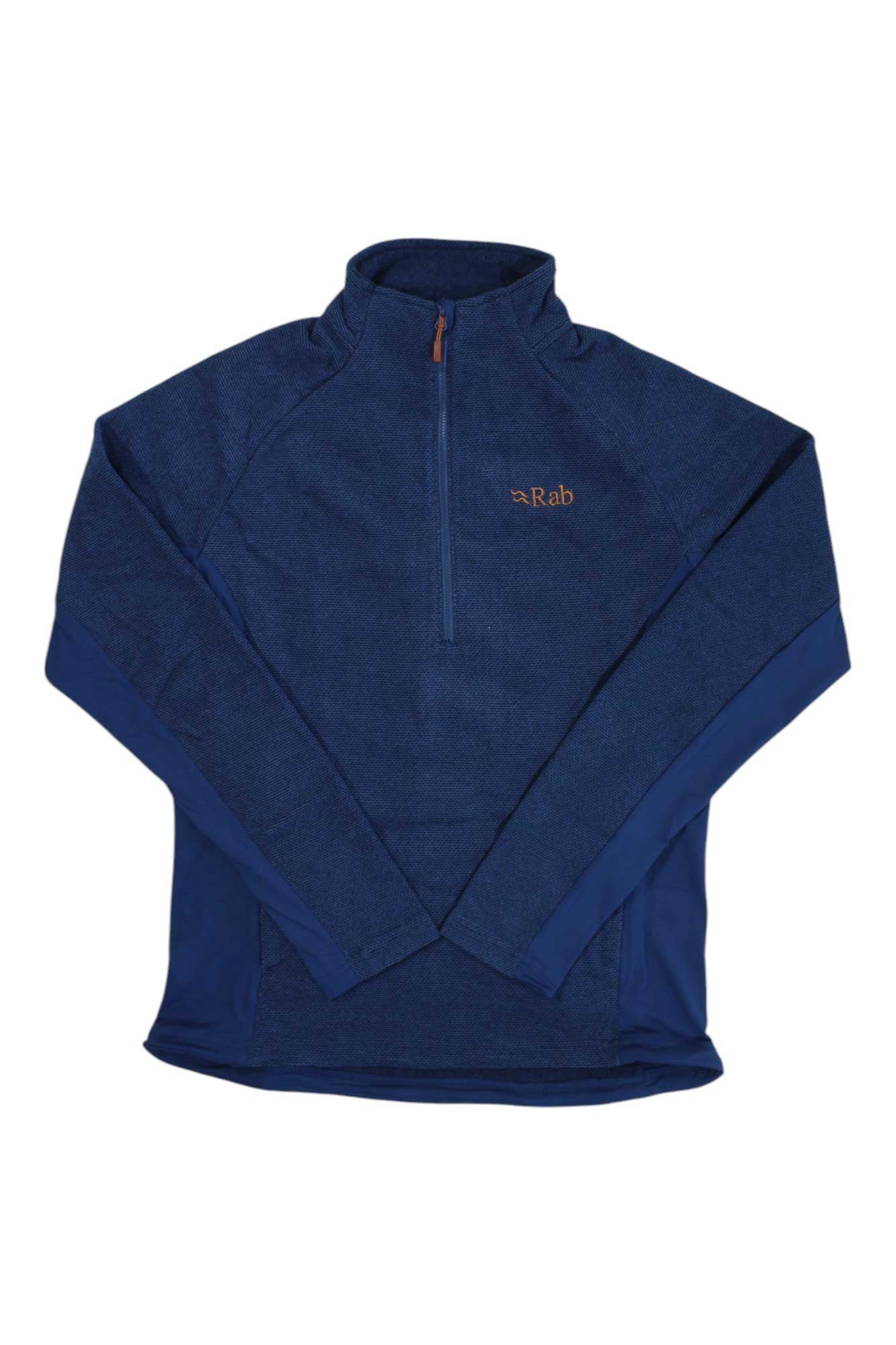 Men's blue quarter-zip fleece pullover with stand collar and Rab logo