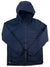 Dark navy hooded jacket with center front zipper, chest pocket, and layered cuffs