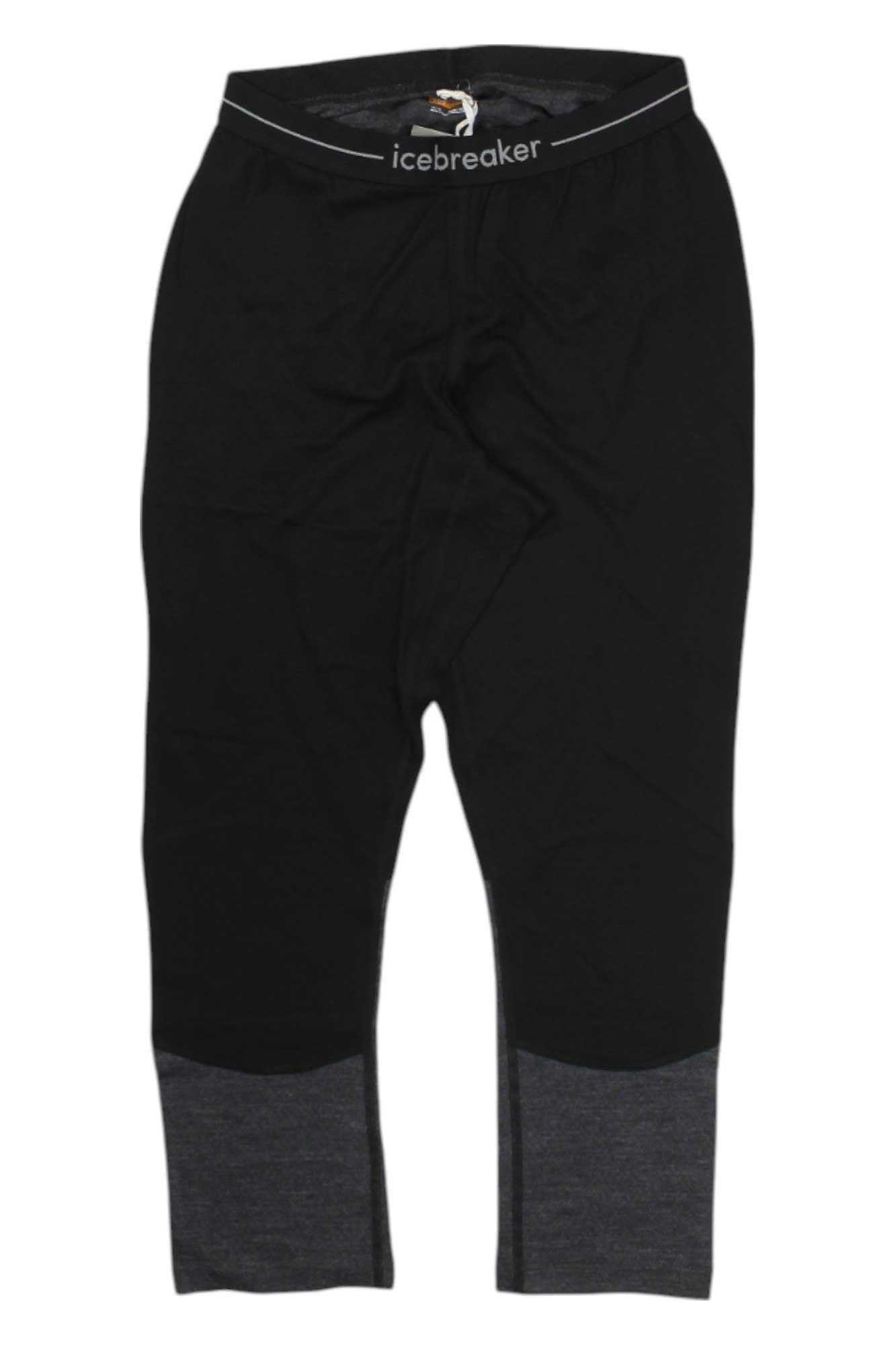The Icebreaker Mens Merino 200 Zoneknit Legless features black merino leggings with dark gray lower leg panels, a visible icebreaker-branded waistband, and a white drawstring—ideal as a premium wool base layer.