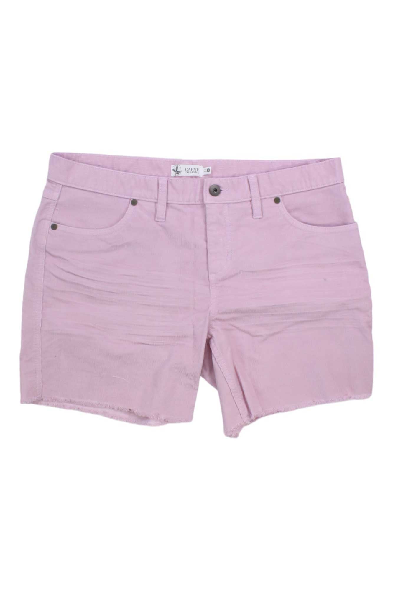 Carve Designs Womens Oahu 6 Inch Short in light pink, crafted from organic cotton with frayed hems, front and back pockets, belt loops, and button closure. The shorts are displayed flat on a plain white background.