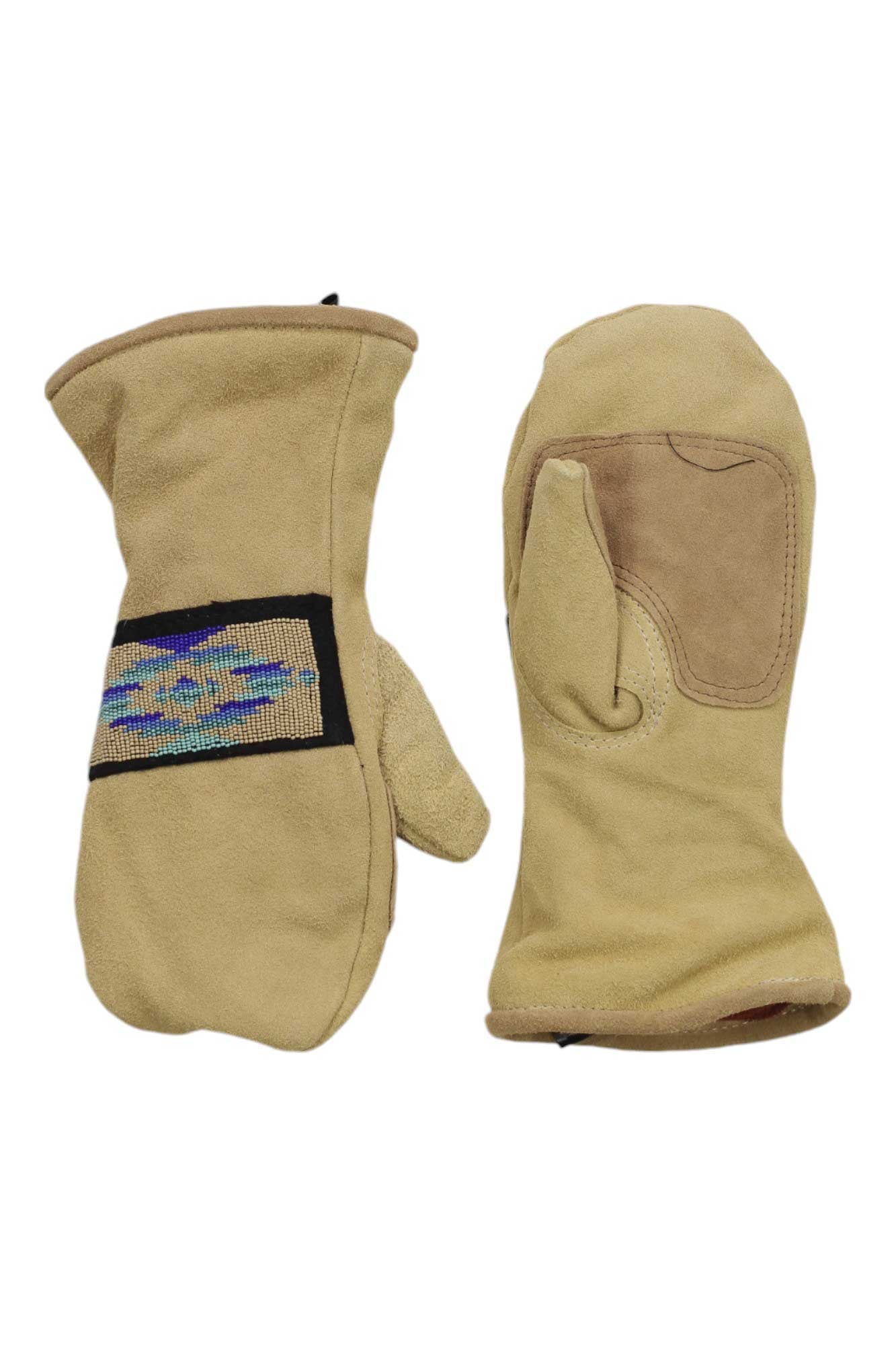 Astis hood mitten gloves, tan with multicolor accent band and thumb pocket
