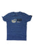 The Rab Mens Stance Vintage SS Tee in blue is made from organic cotton and features a stylized mountain and wave graphic with "RAB DOWN EQUIPMENT" text on the front, shown laid flat on a white background.