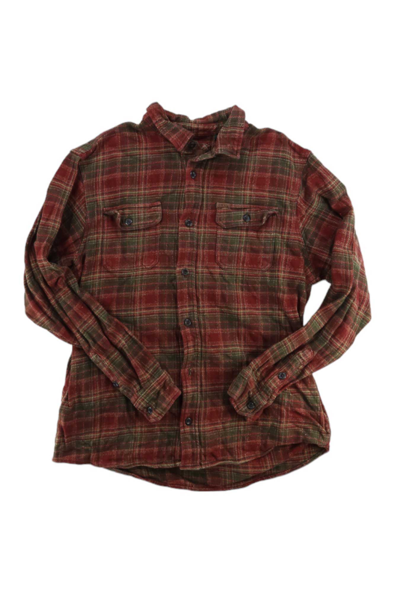 The Mens Big Bear Heavyweight Double Brushed Flannel is a soft, comfortable men’s shirt with a red, green, and beige plaid pattern and two chest pockets, laid flat on a white background.