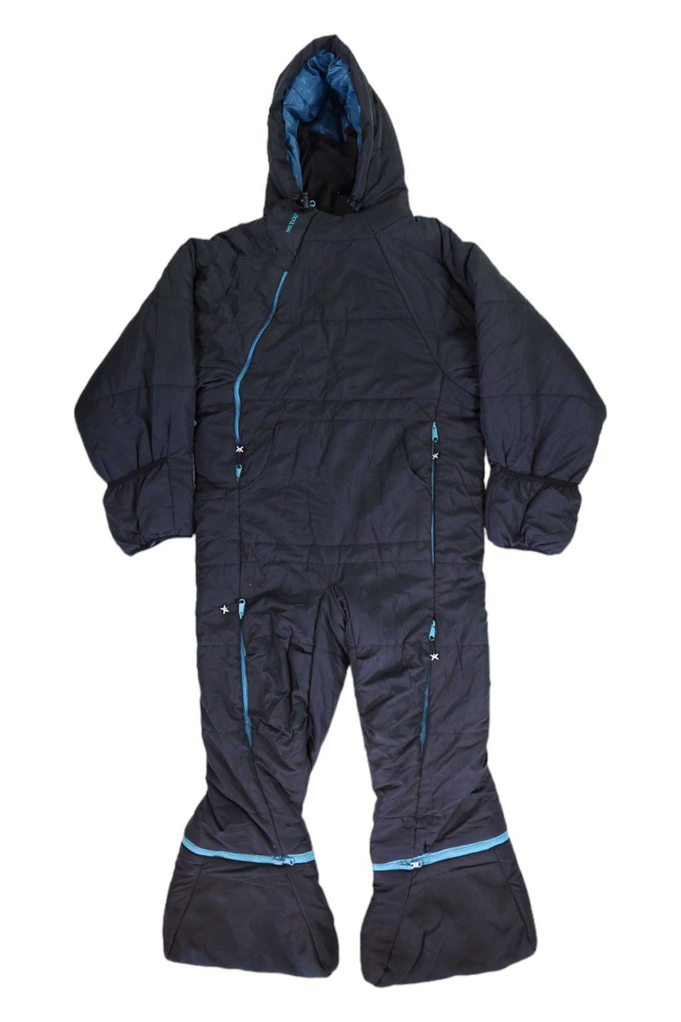 Black wearable sleeping bag with hood, full-length zipper, and padded foot openings