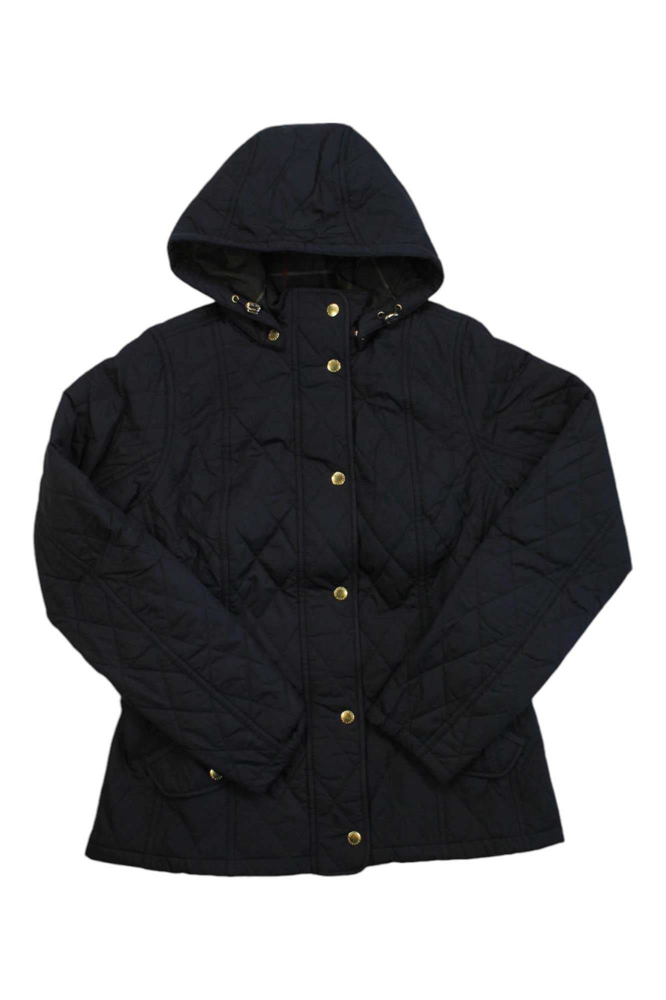 A black Barbour Women's Millfire Quilt Jacket with a hood, long sleeves, and gold snap buttons is laid flat on a white background. This insulated jacket combines style and warmth for cool days.
