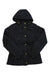 A black Barbour Women's Millfire Quilt Jacket with a hood, long sleeves, and gold snap buttons is laid flat on a white background. This insulated jacket combines style and warmth for cool days.