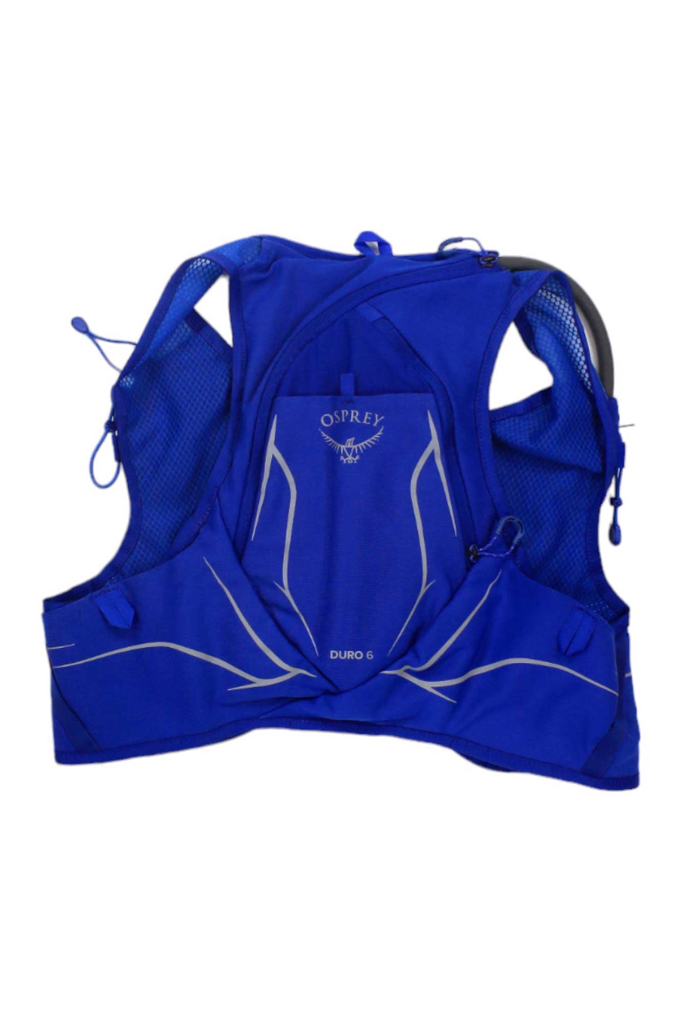 The Osprey Men's Duro 6 Pack is a blue hydration pack with mesh shoulder straps, zippered pockets, and reflective accents, ideal for carrying water and essentials during outdoor activities.