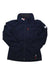 The Helly Hansen Womens Crew Hooded Midlayer Jacket is a navy blue fleece midlayer for women, featuring a high collar, red zipper pulls, white HH logos on the collar and left sleeve, and made from cozy Polartec fleece.