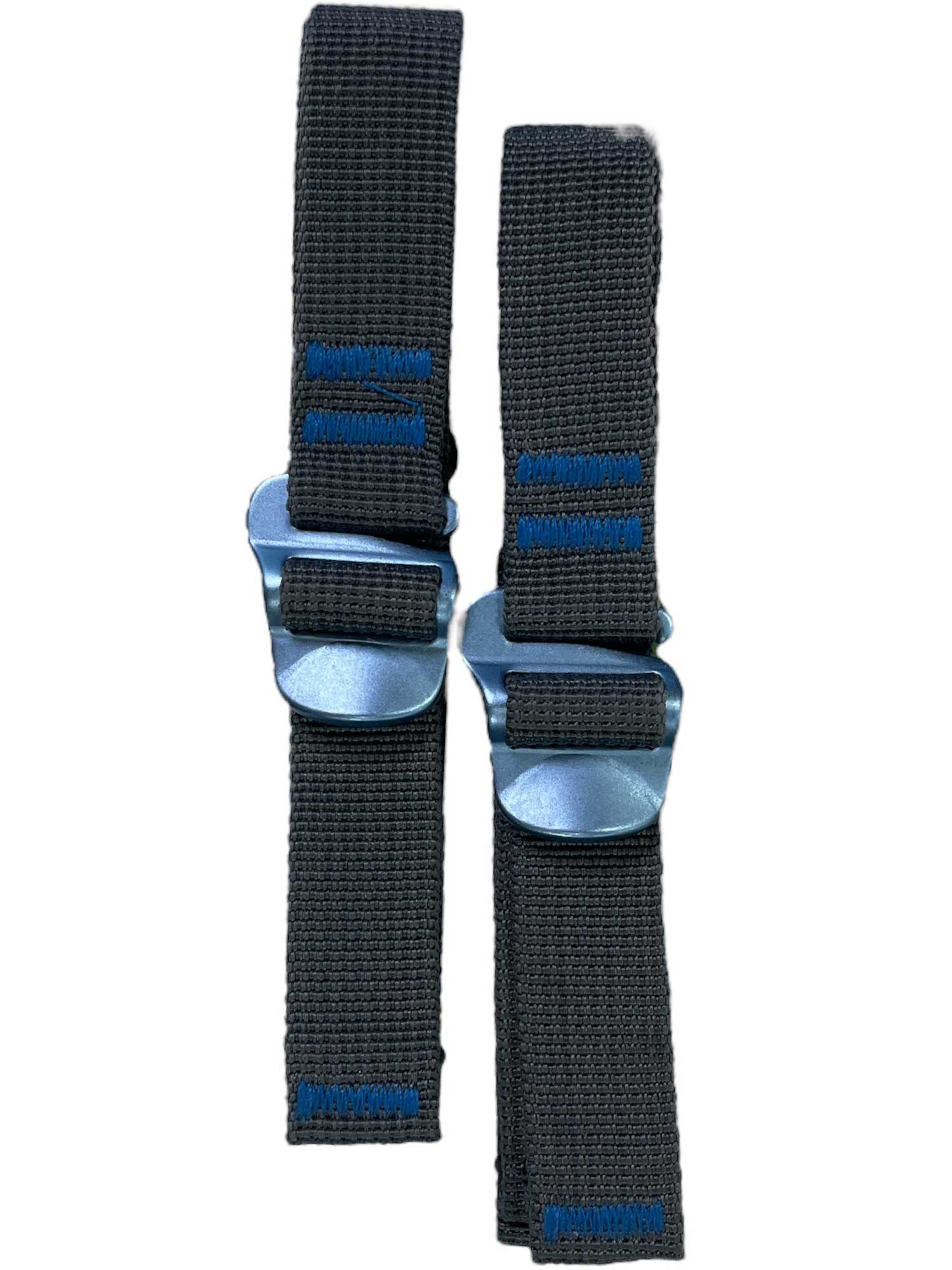 Accessory straps with metal buckles, dark webbing and blue trim