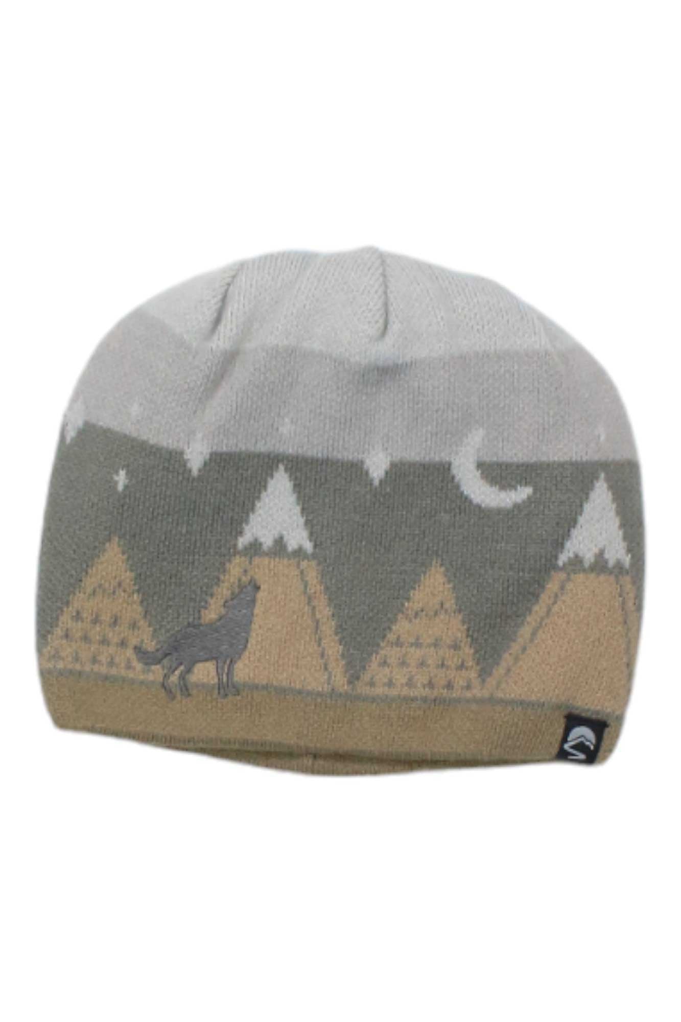 The Sunday Afternoons Kids Graphic Series Beanie is a reversible hat with a gray and brown mountain landscape, featuring a howling wolf, trees, and a crescent moon design.