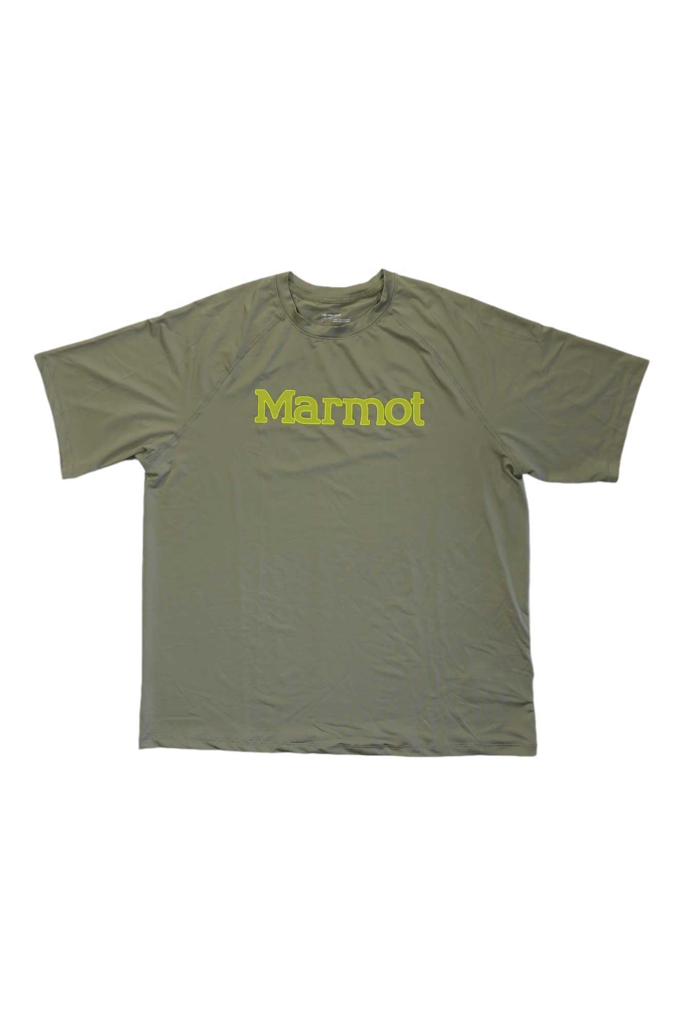 Men's short-sleeve crewneck graphic T-shirt in olive green with Marmot logo on chest