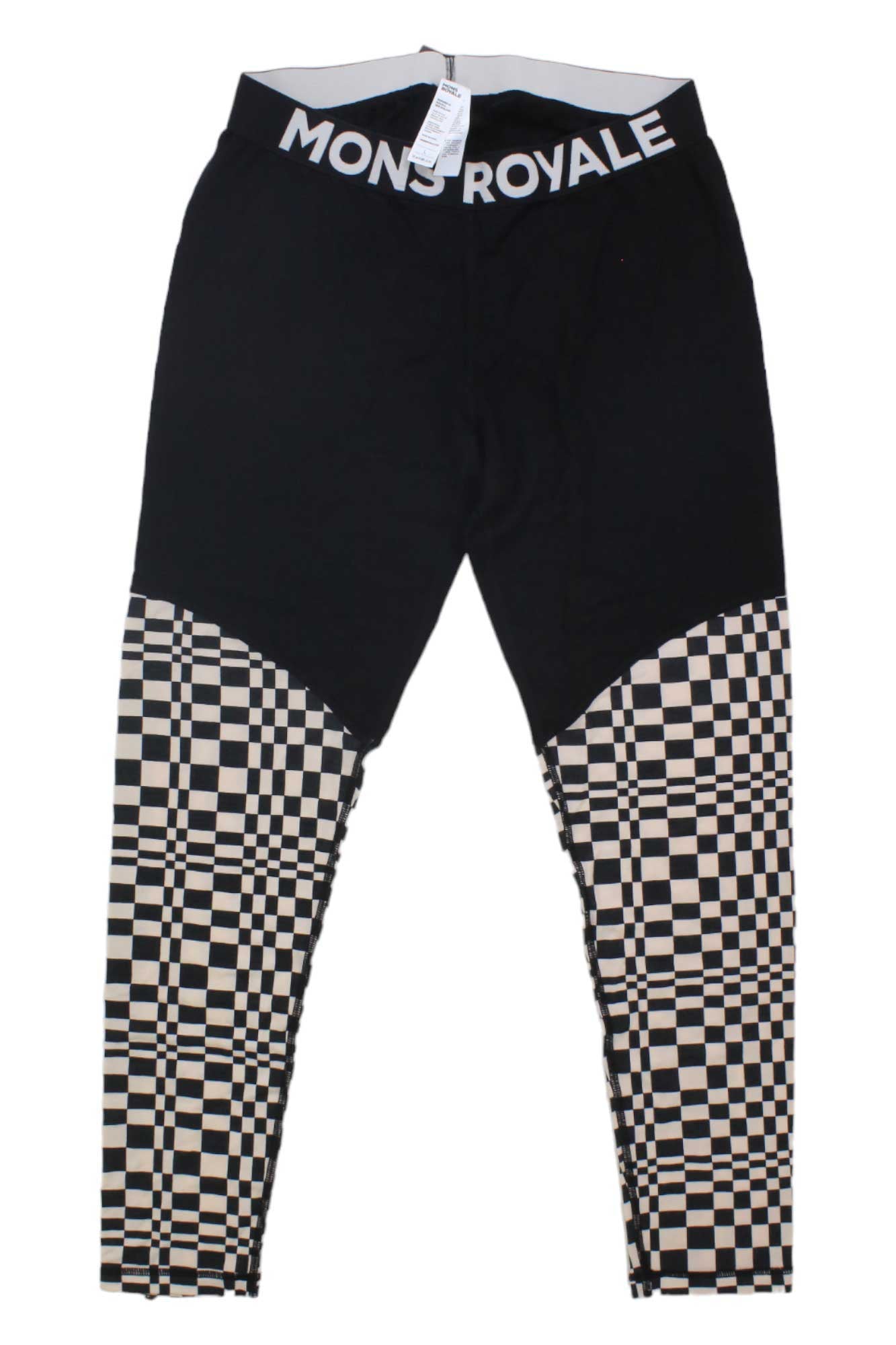 The Mons Royale Women's Cascade Legging is a black merino wool baselayer for women, featuring MONS ROYALE on the waistband and a bold black-and-white checkerboard pattern on the lower legs—perfect for skiing.