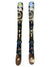 A pair of K2 Juvy Skis with FDT 4.5 Bindings for beginners, featuring a black, gray, and brown abstract design, are displayed side by side on a white background.