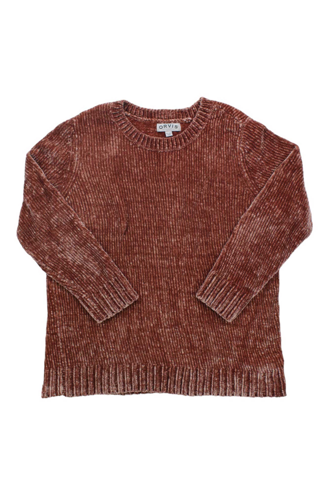 The Women Chenille Crew Neck Long Sleeve Pullover Sweater in ribbed brown chenille, made from recycled materials, is displayed laid flat on a white background.