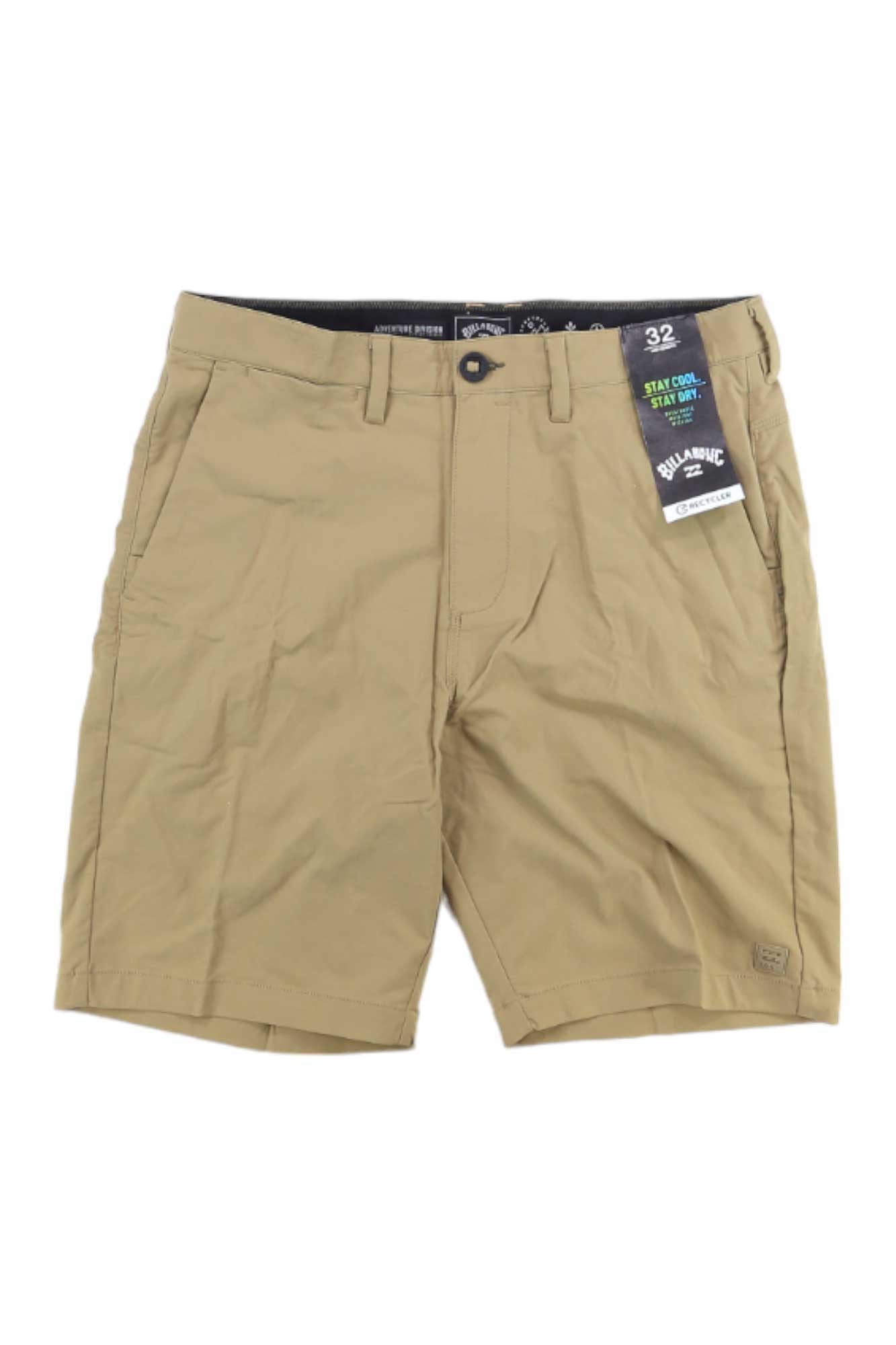 The Billabong Men's Surftrek Journey Short in khaki features front pockets, button and zip closure, a black inner waistband with size 32 tag, and offers comfort plus moisture-wicking performance—ideal for travel.