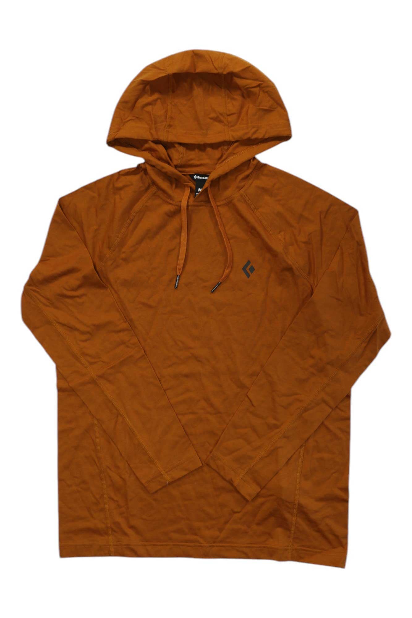 The Black Diamond Mens Crag Hoody in rust orange features moisture-wicking fabric, a hood with drawstrings, and a small black geometric logo on the left chest, shown laid flat on a white background.