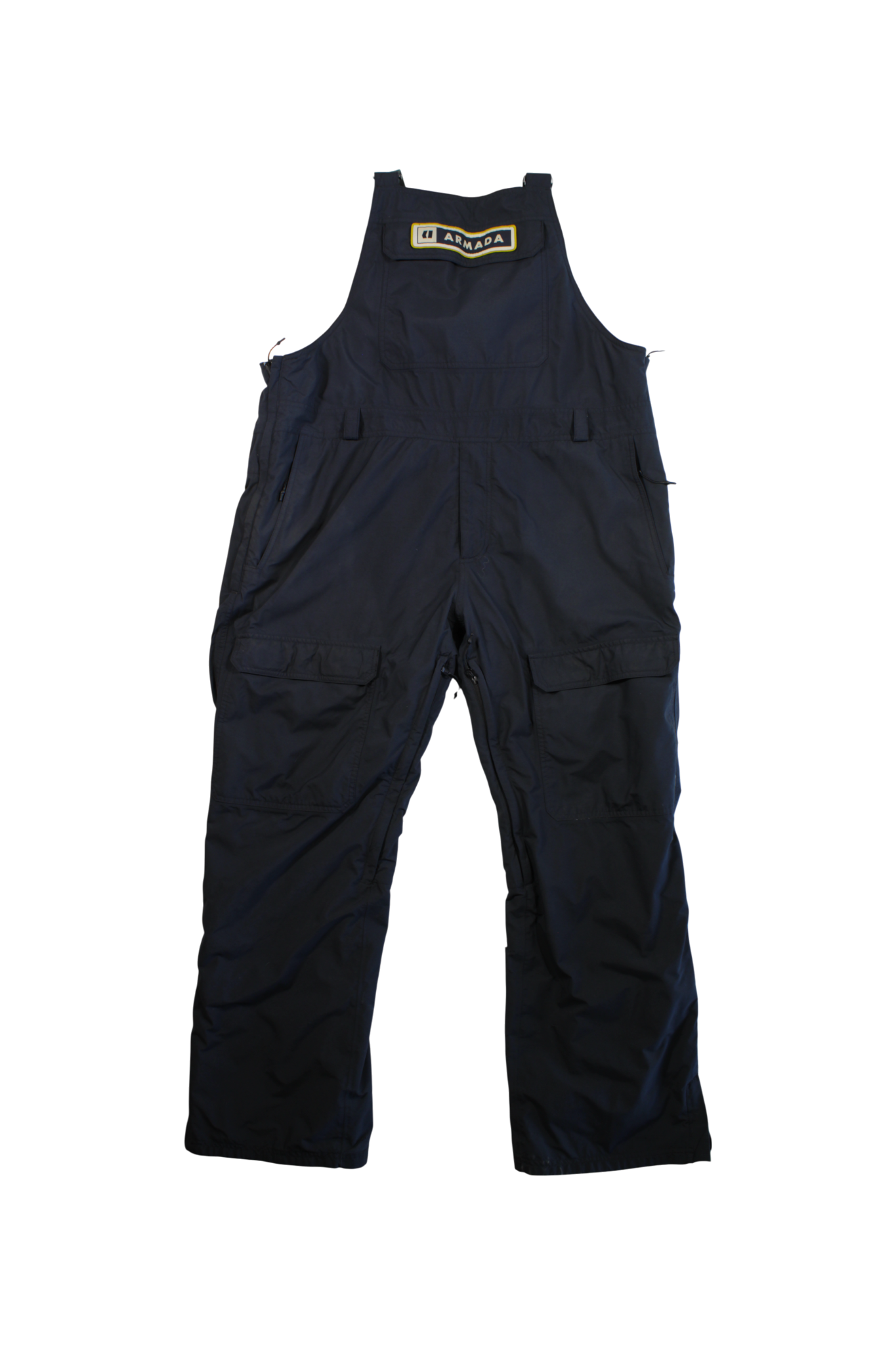 Navy blue Armada Mens Sumpter 2L Bib Pants, waterproof with multiple pockets and adjustable straps, shown flat on a white background. A rectangular text patch appears on the chest area.