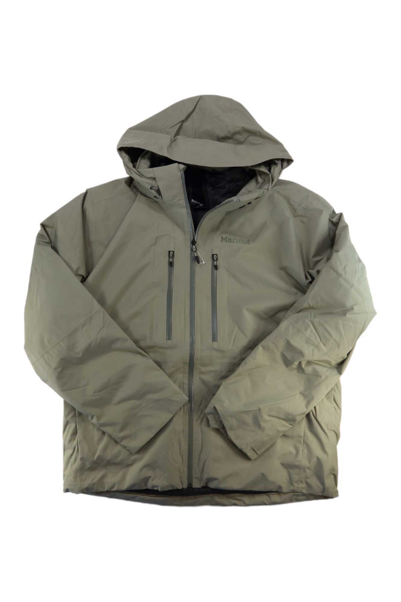 The Marmot Men's KT GTX Component Jacket is a light olive green, hooded, insulated hiking jacket with a front zipper, RECCO rescue system, two vertical zip chest pockets, two side pockets, and long sleeves. It’s displayed on a plain white background.