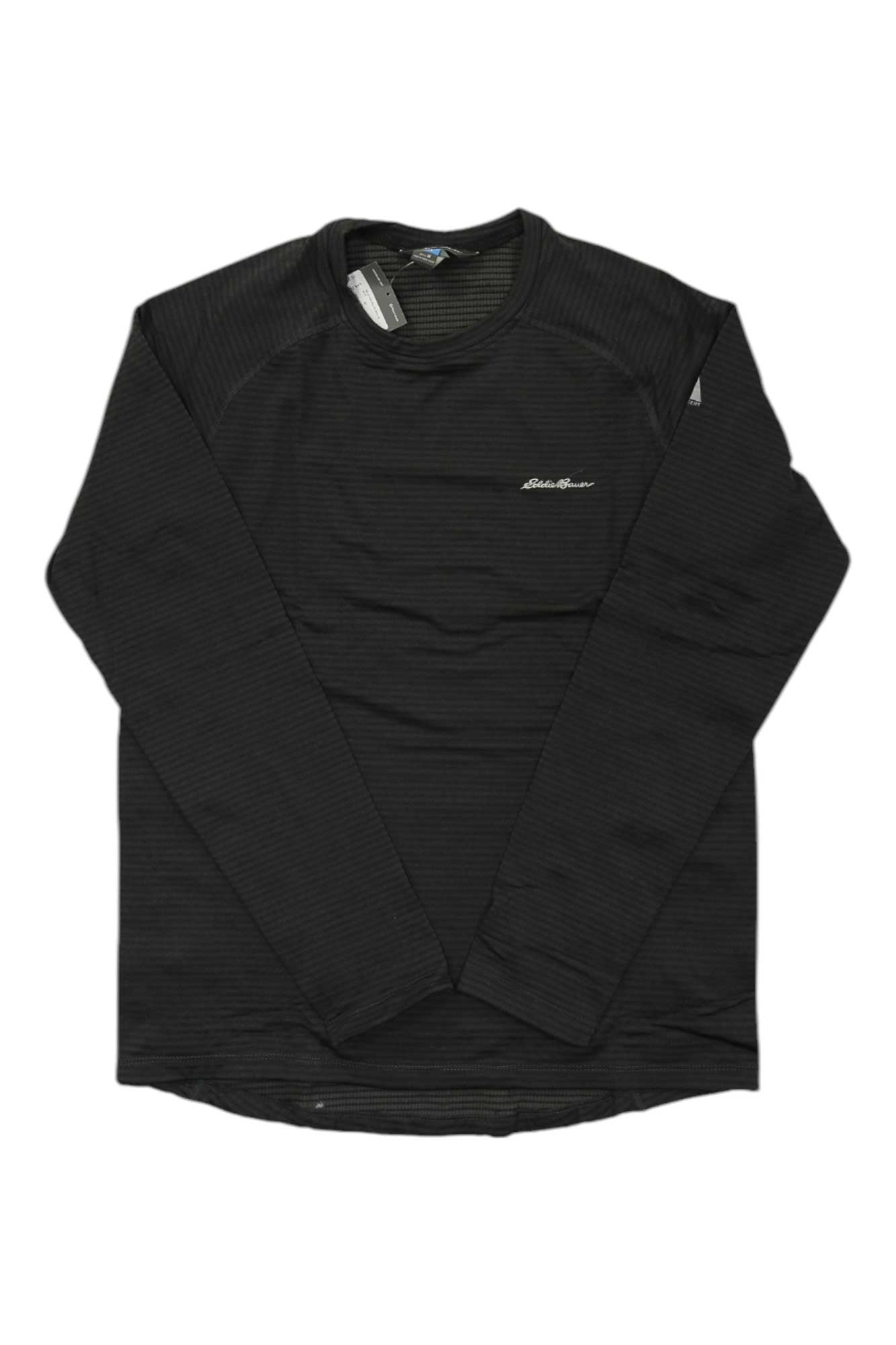 The Eddie Bauer First Ascent Men's High Route Grid Air Crew is a long-sleeve black hiking shirt with subtle stripes, a small embroidered chest logo, collar tag, and moisture-wicking fabric. Shown laid flat on a white background.