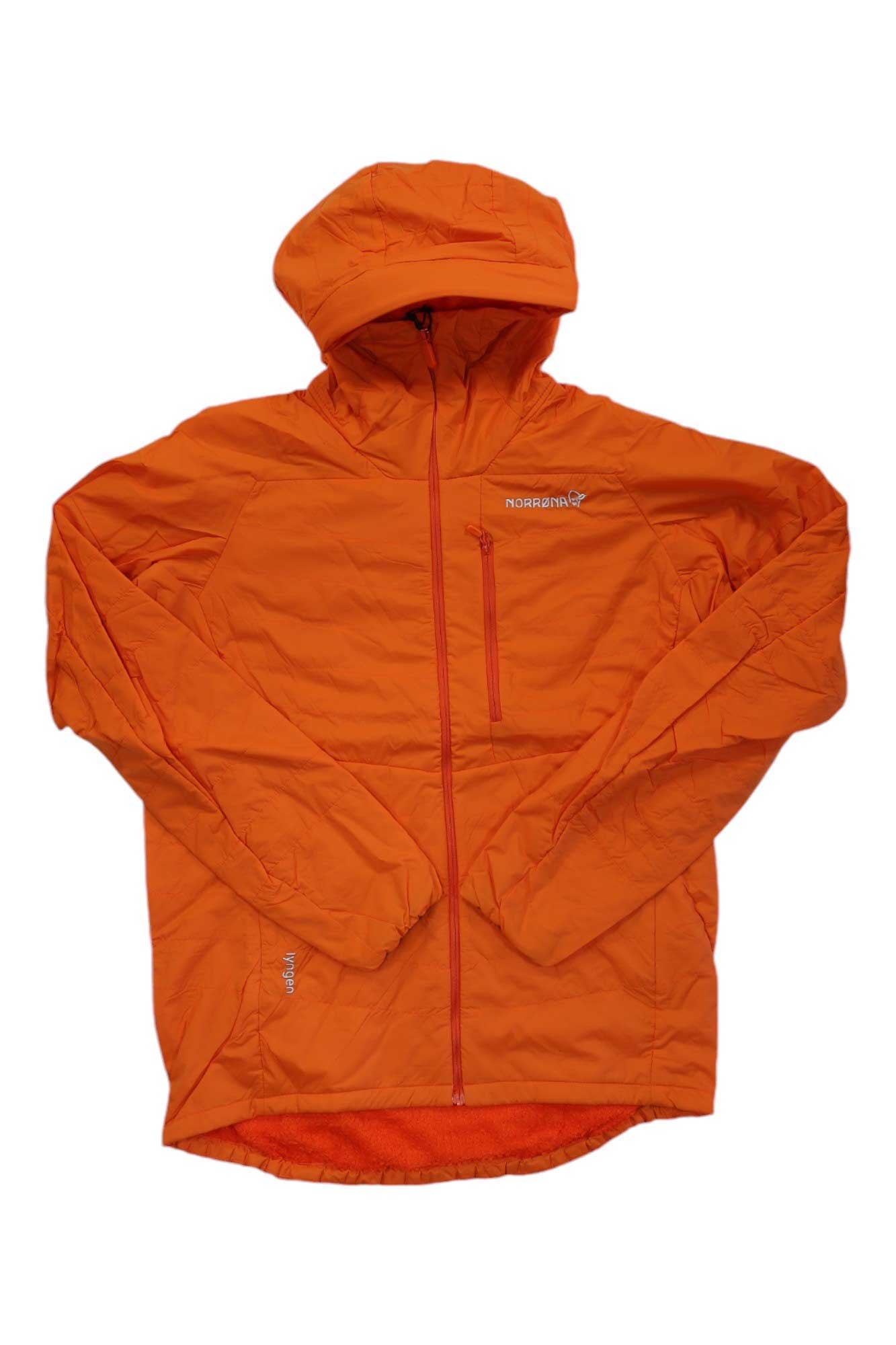 The Norrona Mens Lyngen Alpha100 Zip Hoodie is a bright orange, water-resistant jacket with a front zipper, long sleeves, chest pocket, lightweight crinkled texture, and a visible logo on the left chest—ideal for active days outdoors.