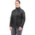A woman faces forward wearing the Big Agnes Womens Crystal Jacket, displaying its black, zip-up style with high collar and long sleeves. The jacket’s 4-way stretch fabric offers comfort against a plain white background.