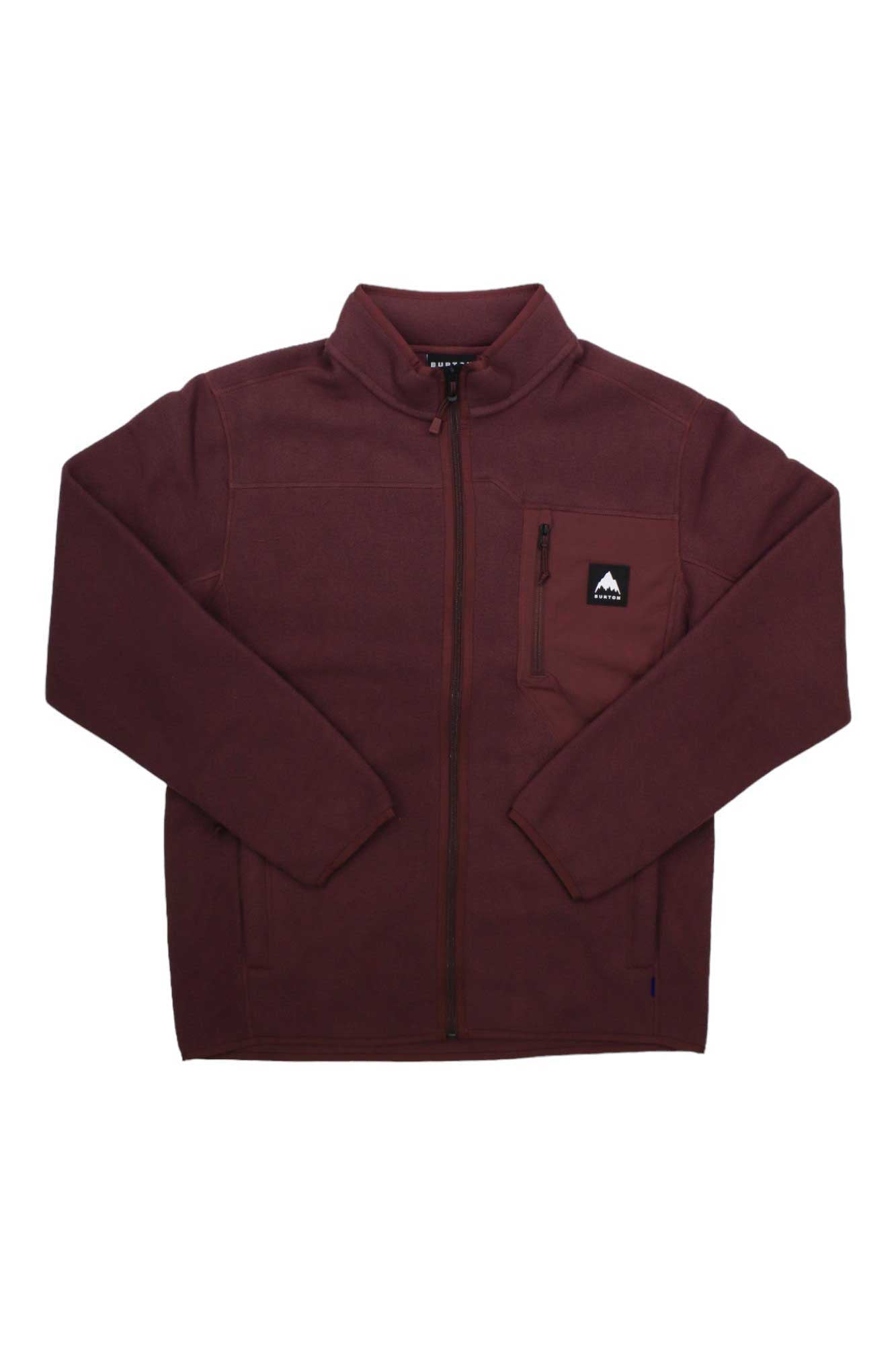 The Burton Mens Cinder Full Zip Fleece Jacket in maroon features a left chest pocket with a black patch and white mountain logo. Made from recycled polar fleece, this hiking jacket has long sleeves and a stand-up collar.